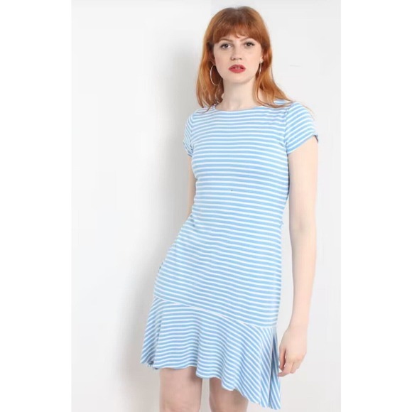 Lauren Ralph Lauren Women's Dress Size L Striped Blue Stretch‎ Short Sleeve Midi - Picture 1 of 8
